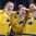 ST. CATHARINES, CANADA - JANUARY 15: Sweden's Ida Nikula #18, Wilma Johansson #14 and Kajsa Armborg #13 showing off their bronze medals following a 2-1 bronze medal game win over Russia at the 2016 IIHF Ice Hockey U18 Women's World Championship. (Photo by Jana Chytilova/HHOF-IIHF Images)

